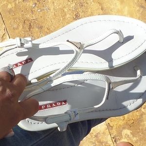 PRADA white Patent leather Logo Strap Thong Sand